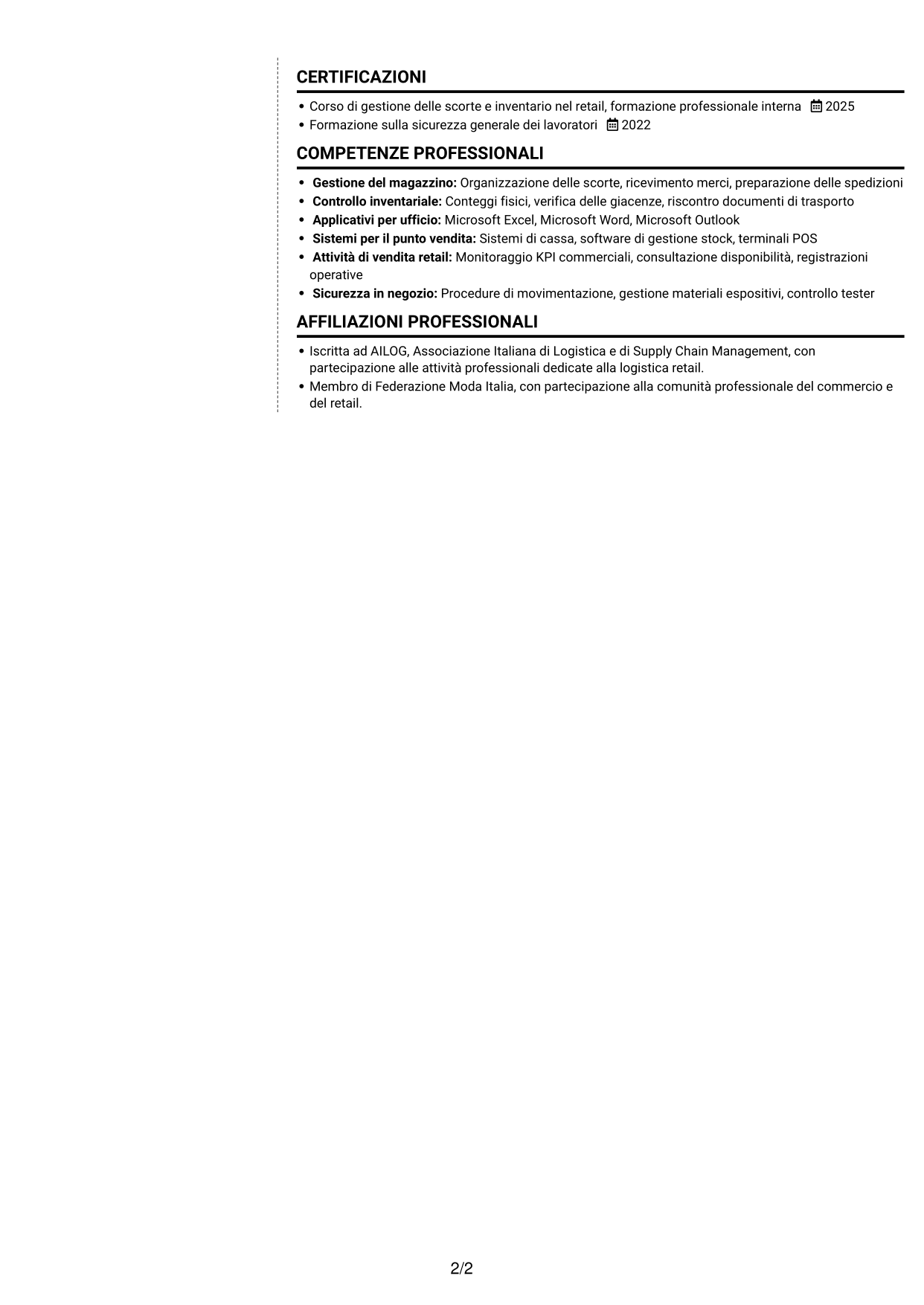 CV Moderno (formato a due colonne con foto a sinistra e separatore): Assistente di magazzino retail - Ricevimento merci e inventario, pagina 2