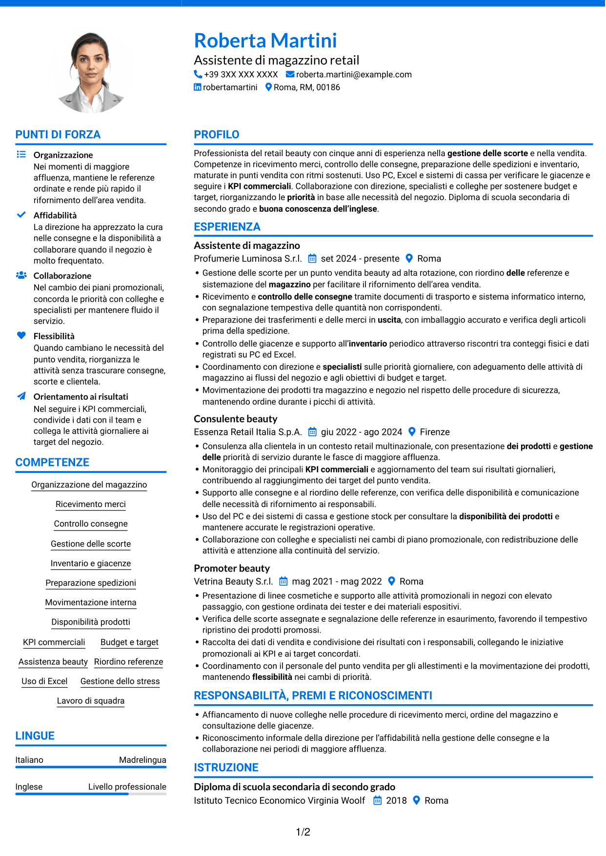 CV Audace (formato a due colonne con accenti colorati e foto): Assistente di magazzino retail - Ricevimento merci e inventario, pagina 1