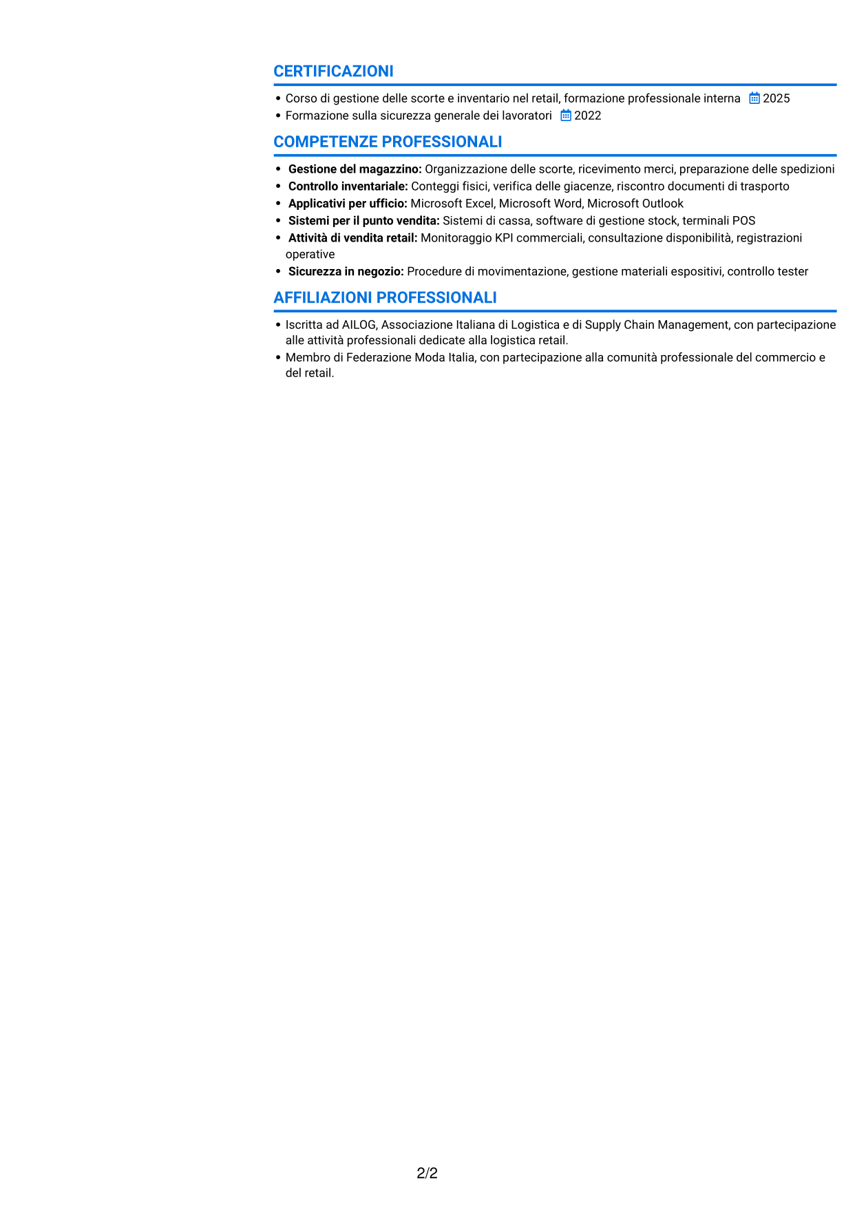 CV Audace (formato a due colonne con accenti colorati e foto): Assistente di magazzino retail - Ricevimento merci e inventario, pagina 2