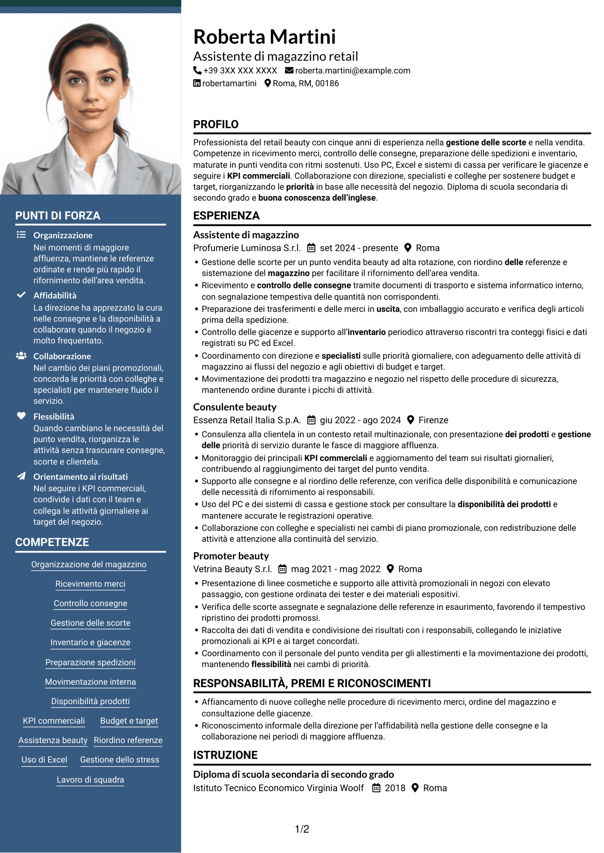 CV Signature (formato con colonna laterale colorata e foto grande): Assistente di magazzino retail - Ricevimento merci e inventario, pagina 1