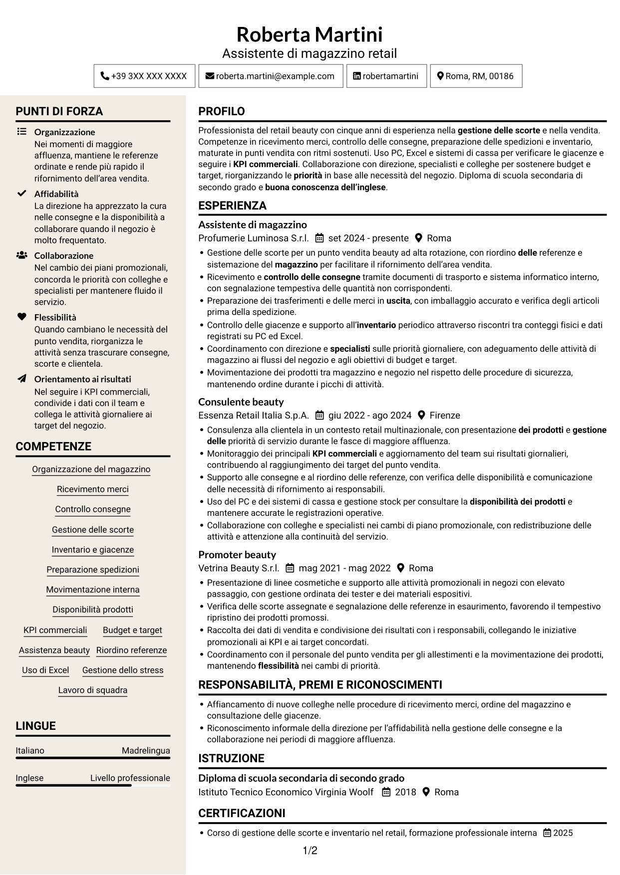 CV Intraprendente (formato a due colonne con intestazione centrata senza foto): Assistente di magazzino retail - Ricevimento merci e inventario, pagina 1