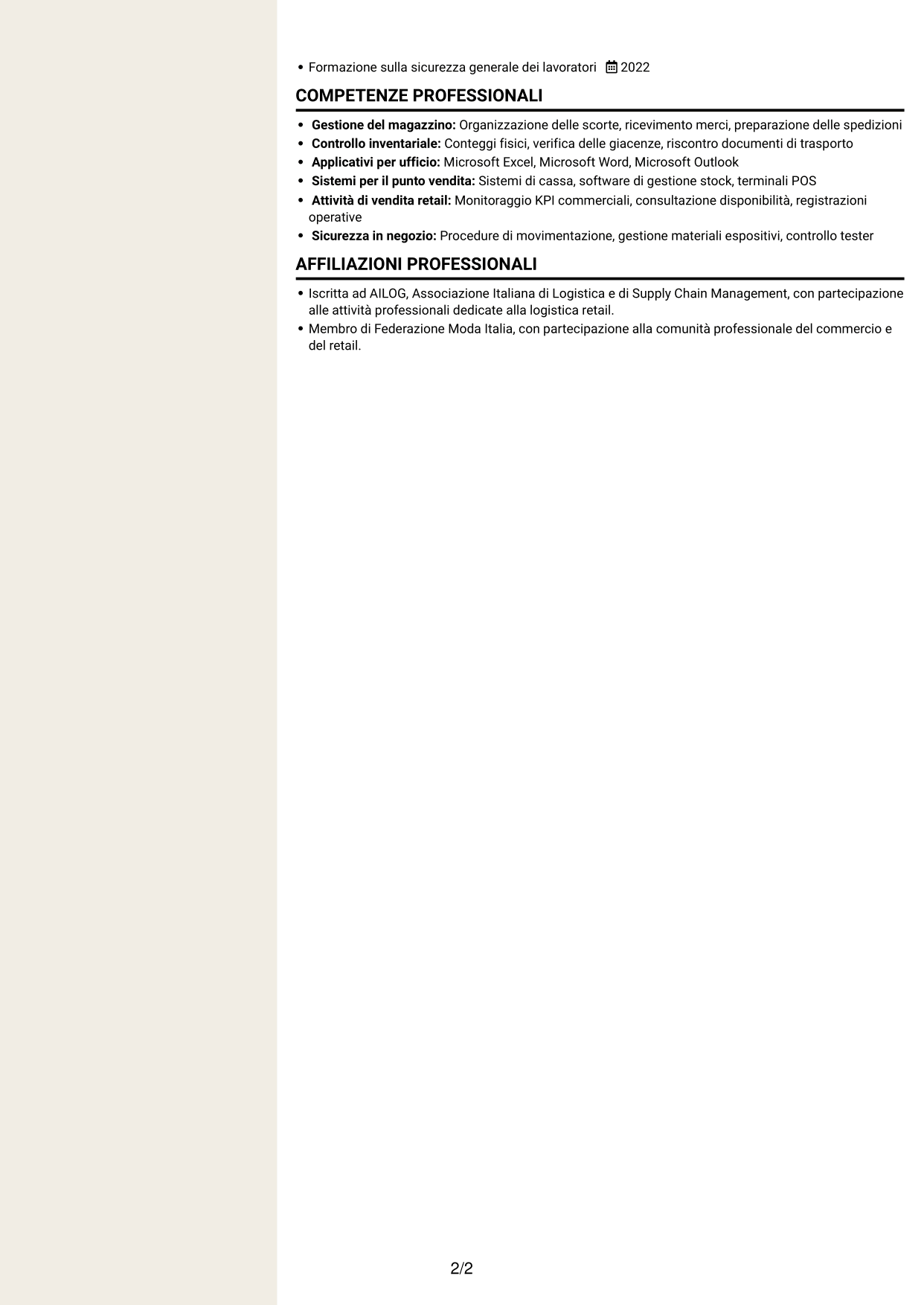 CV Intraprendente (formato a due colonne con intestazione centrata senza foto): Assistente di magazzino retail - Ricevimento merci e inventario, pagina 2