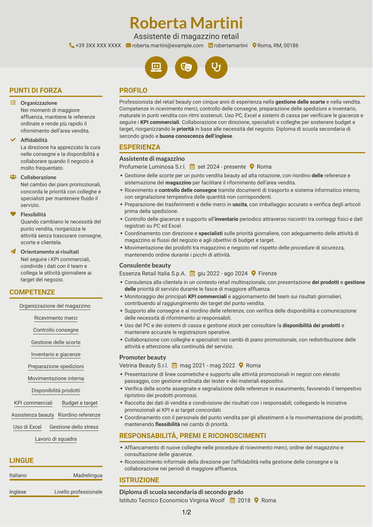 CV Dinamico (formato a due colonne con icone): Assistente di magazzino retail - Ricevimento merci e inventario, pagina 1