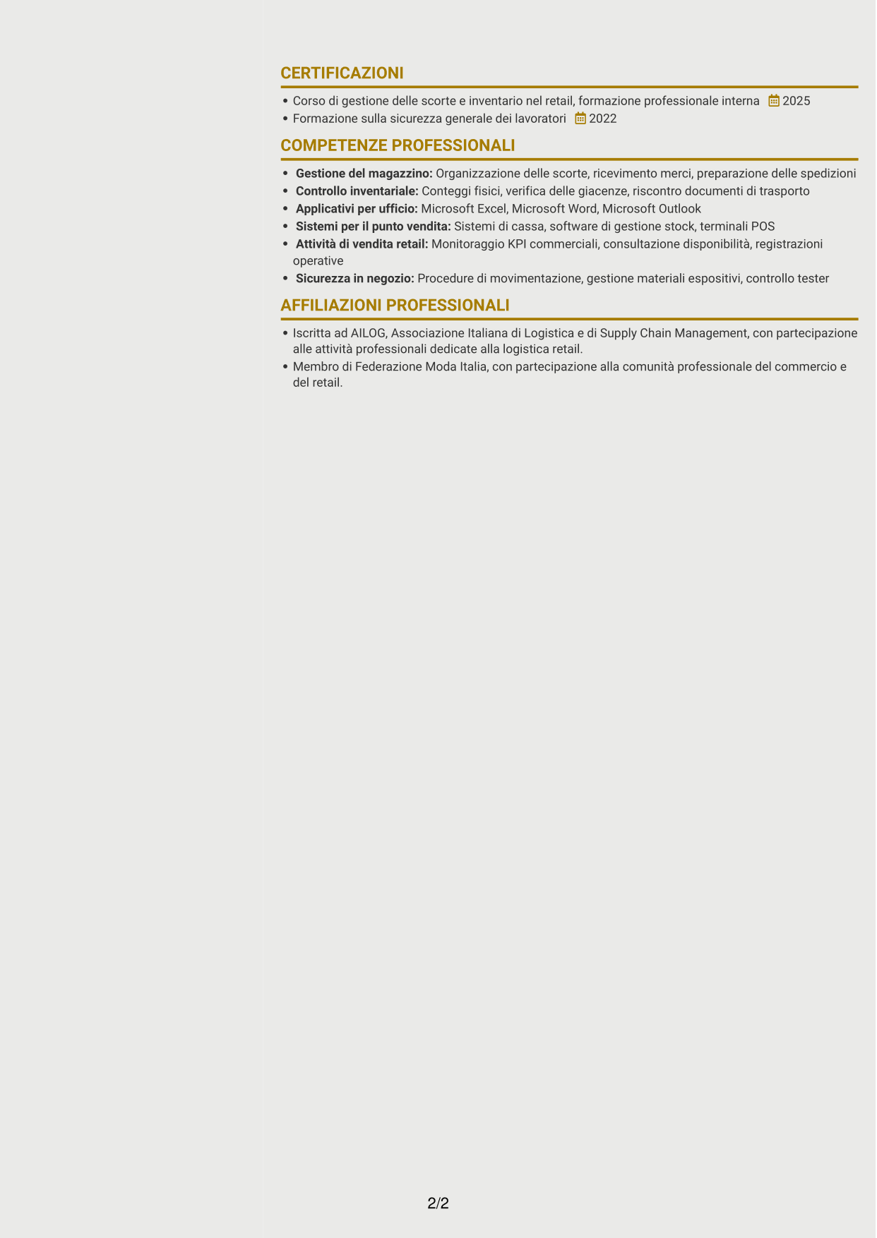 CV Dinamico (formato a due colonne con icone): Assistente di magazzino retail - Ricevimento merci e inventario, pagina 2