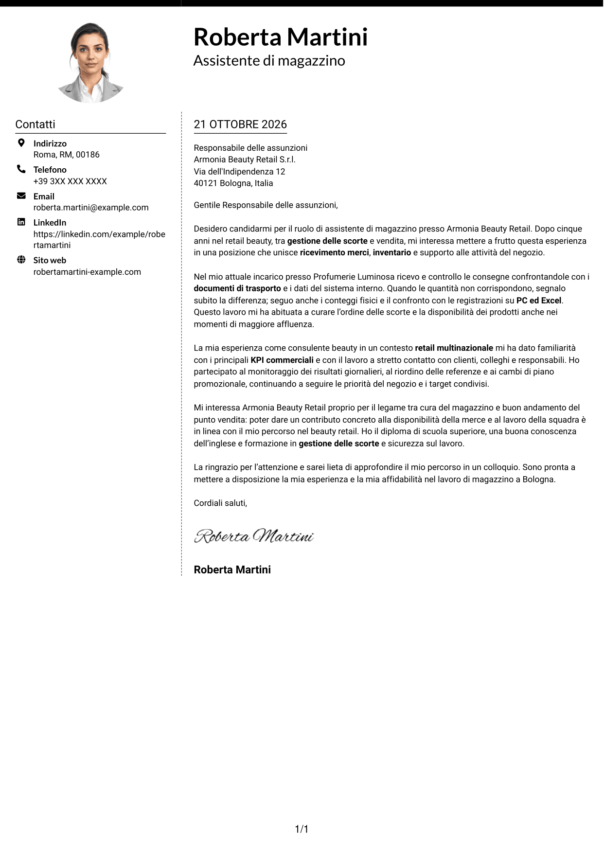 Lettera di presentazione Moderno (formato a due colonne con foto a sinistra e separatore): Assistente di magazzino retail - Ricevimento merci e inventario, pagina 1