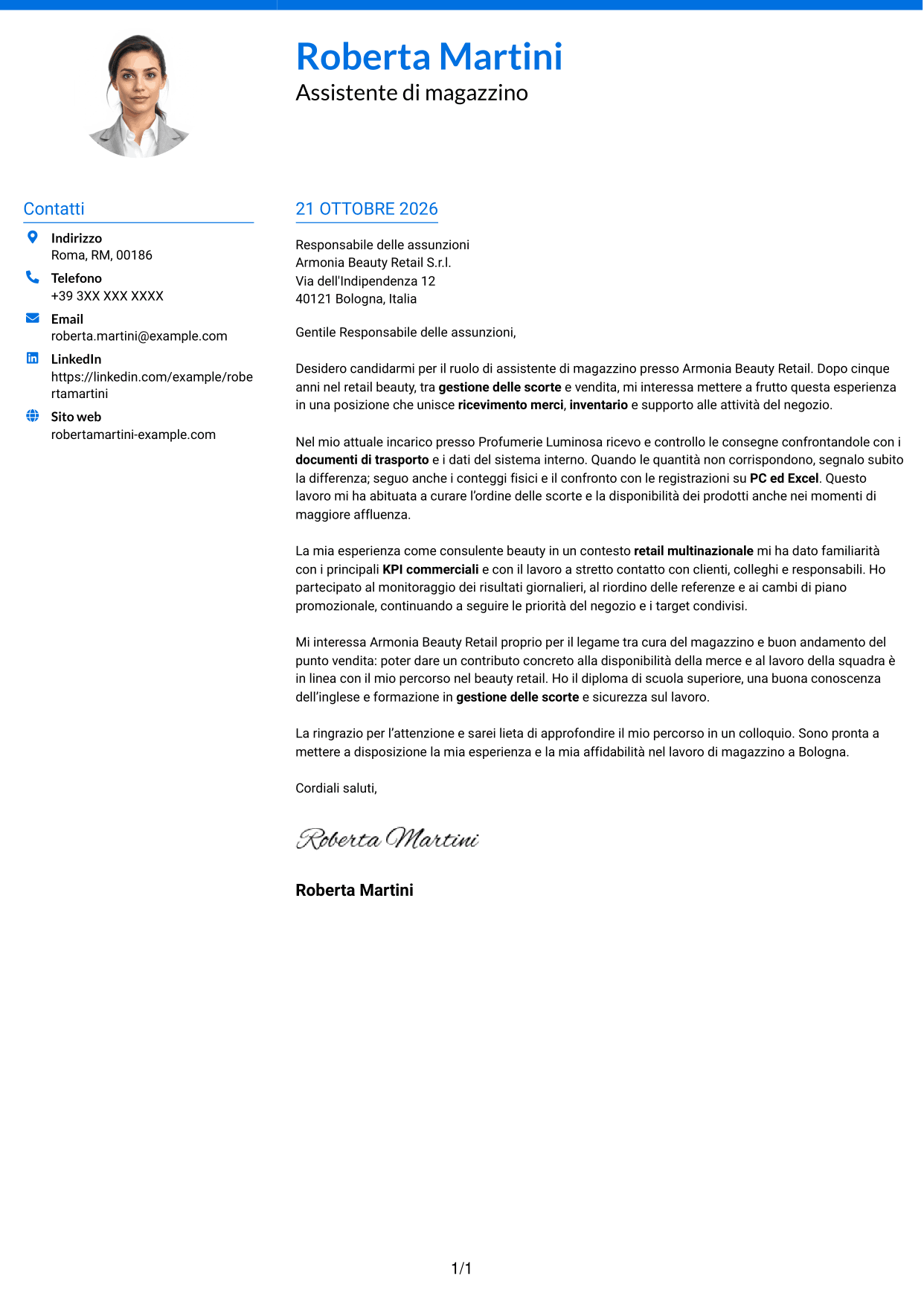 Lettera di presentazione Audace (formato a due colonne con accenti colorati e foto): Assistente di magazzino retail - Ricevimento merci e inventario, pagina 1