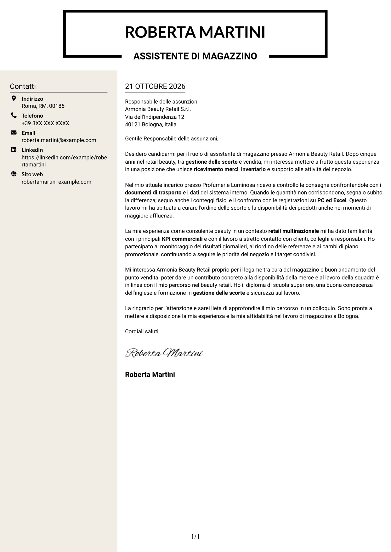 Lettera di presentazione Intraprendente (formato a due colonne con intestazione centrata senza foto): Assistente di magazzino retail - Ricevimento merci e inventario, pagina 1
