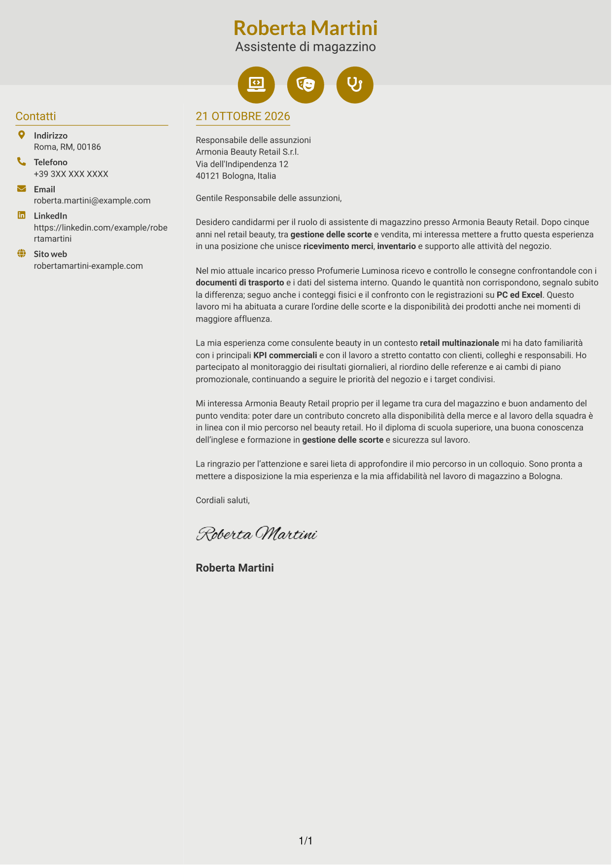 Lettera di presentazione Dinamico (formato a due colonne con icone): Assistente di magazzino retail - Ricevimento merci e inventario, pagina 1