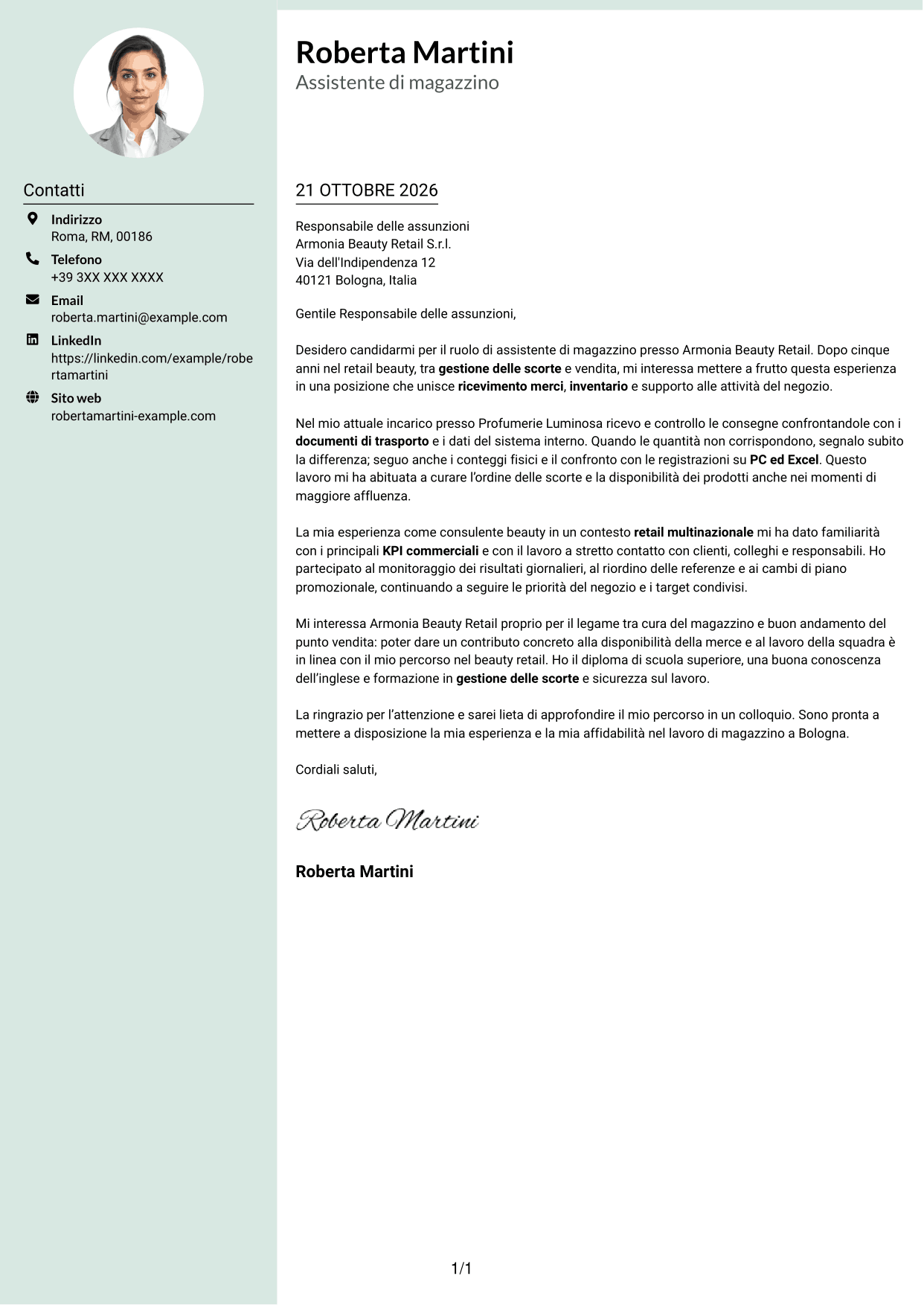 Lettera di presentazione Dirigente (formato con colonna laterale tenue e foto arrotondata): Assistente di magazzino retail - Ricevimento merci e inventario, pagina 1