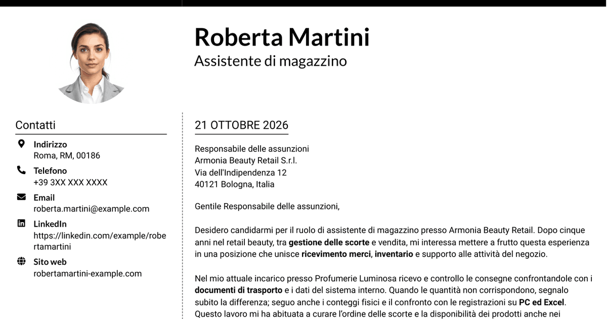 7 modelli di lettera di presentazione per Assistente di magazzino retail - Ricevimento merci e inventario, con esempi
