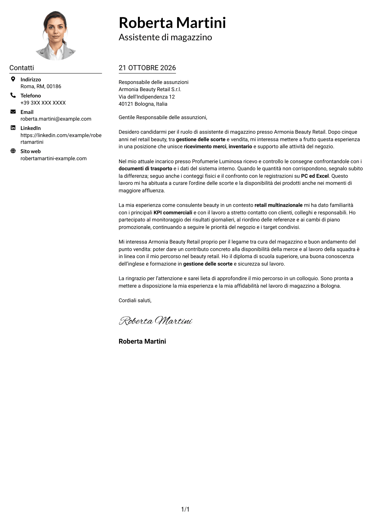 Esempio di lettera di presentazione — pagina 1