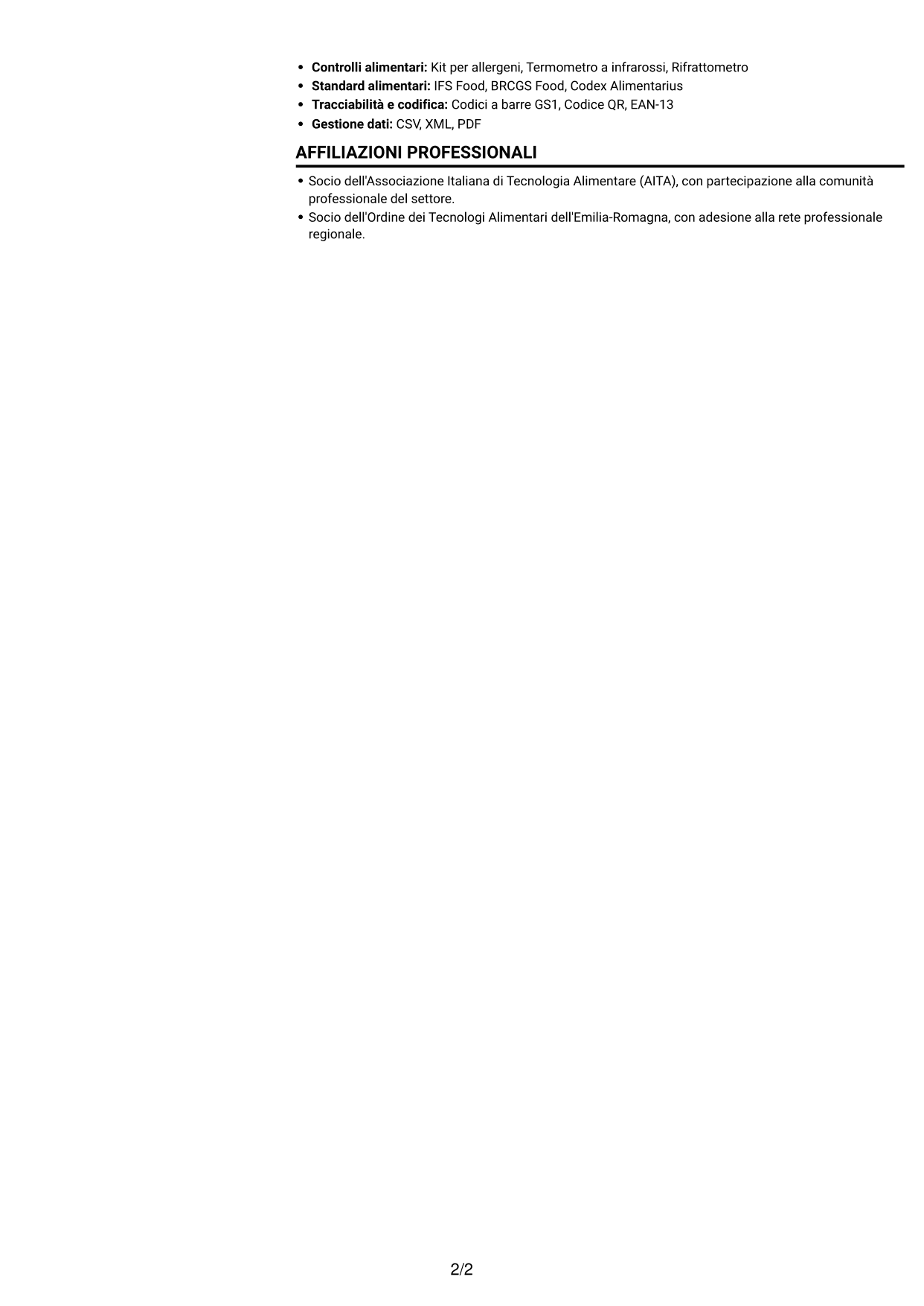 CV Compatto (formato sobrio a due colonne con foto): Assistente Qualità Junior - Sicurezza Alimentare, pagina 2