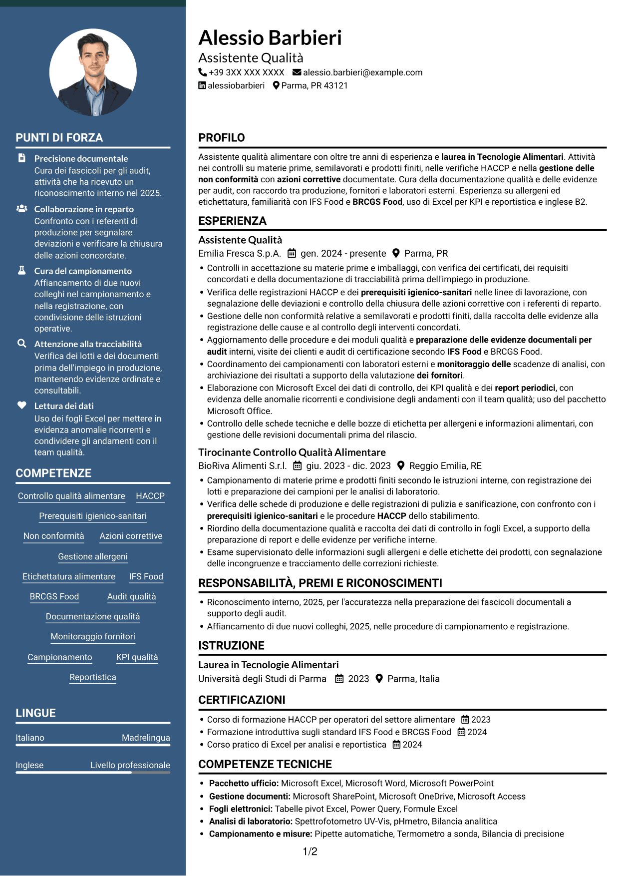 CV Elegante (formato con colonna laterale colorata e foto): Assistente Qualità Junior - Sicurezza Alimentare, pagina 1