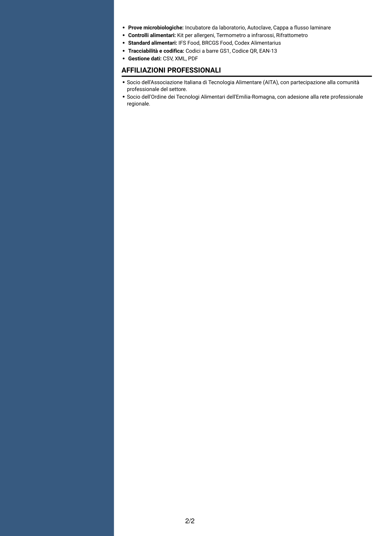 CV Elegante (formato con colonna laterale colorata e foto): Assistente Qualità Junior - Sicurezza Alimentare, pagina 2