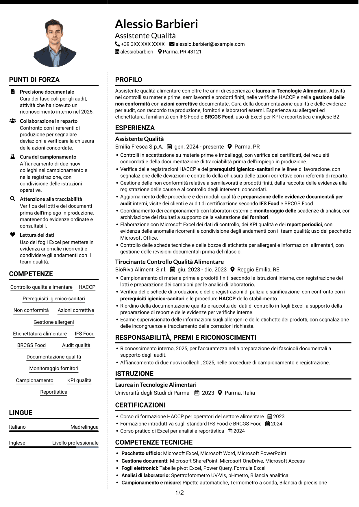 CV Moderno (formato a due colonne con foto a sinistra e separatore): Assistente Qualità Junior - Sicurezza Alimentare, pagina 1