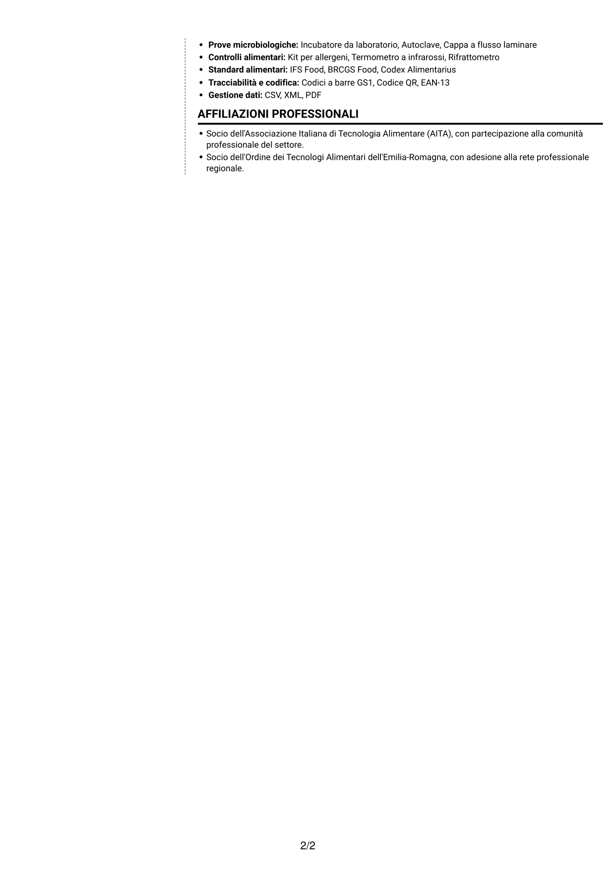 CV Moderno (formato a due colonne con foto a sinistra e separatore): Assistente Qualità Junior - Sicurezza Alimentare, pagina 2