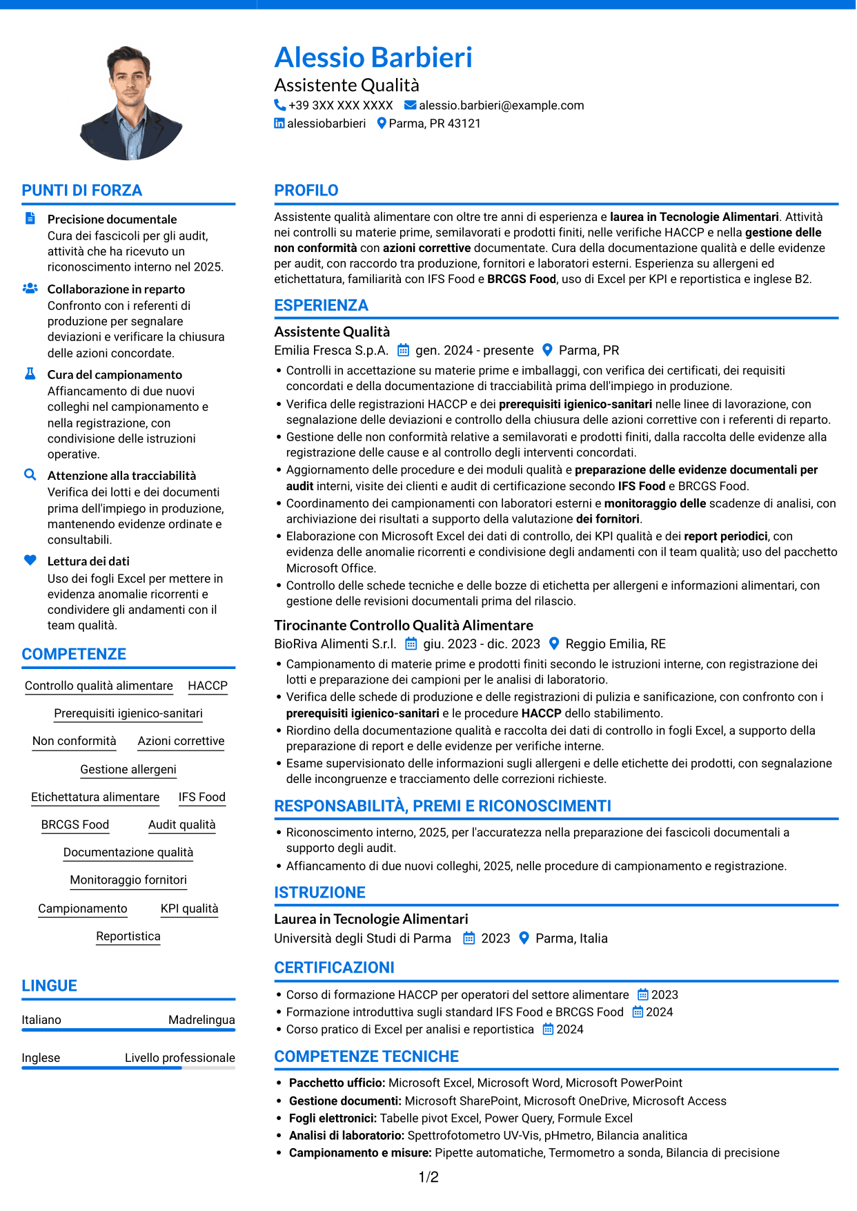 CV Audace (formato a due colonne con accenti colorati e foto): Assistente Qualità Junior - Sicurezza Alimentare, pagina 1