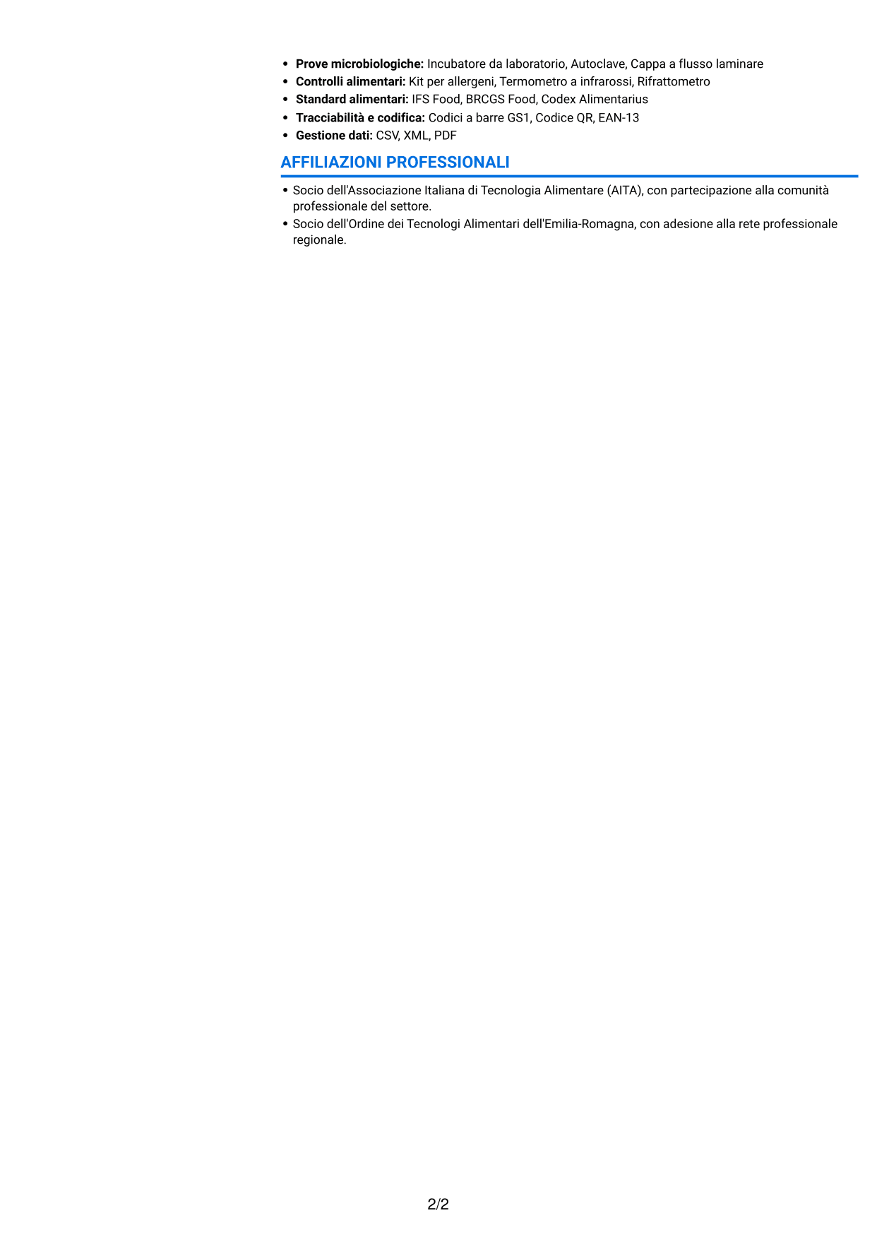 CV Audace (formato a due colonne con accenti colorati e foto): Assistente Qualità Junior - Sicurezza Alimentare, pagina 2