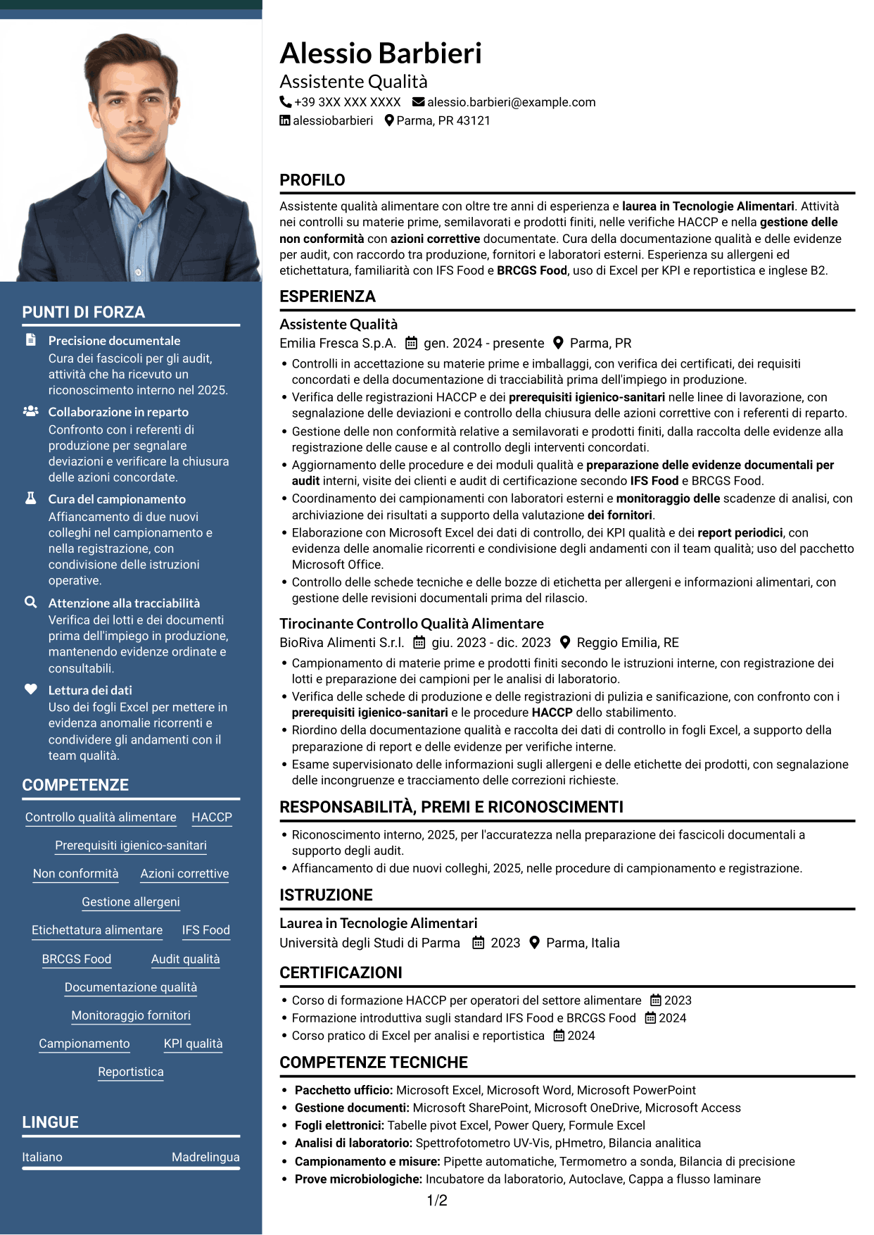 CV Signature (formato con colonna laterale colorata e foto grande): Assistente Qualità Junior - Sicurezza Alimentare, pagina 1