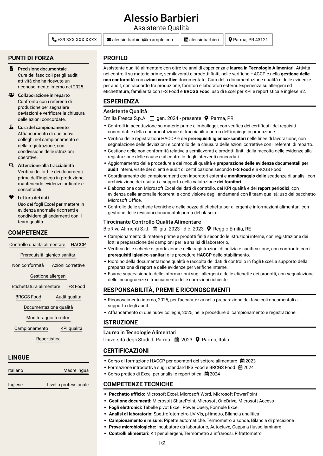 CV Intraprendente (formato a due colonne con intestazione centrata senza foto): Assistente Qualità Junior - Sicurezza Alimentare, pagina 1