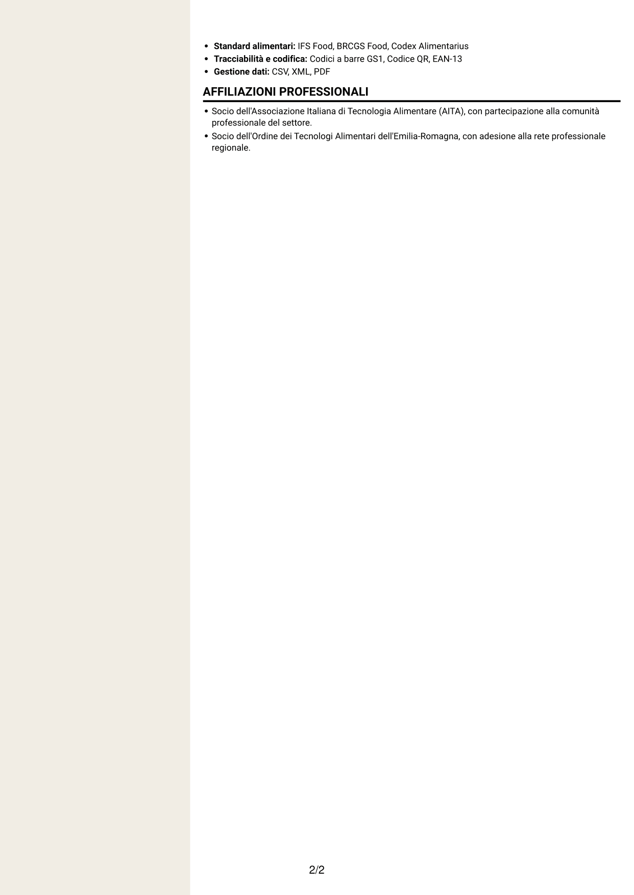 CV Intraprendente (formato a due colonne con intestazione centrata senza foto): Assistente Qualità Junior - Sicurezza Alimentare, pagina 2