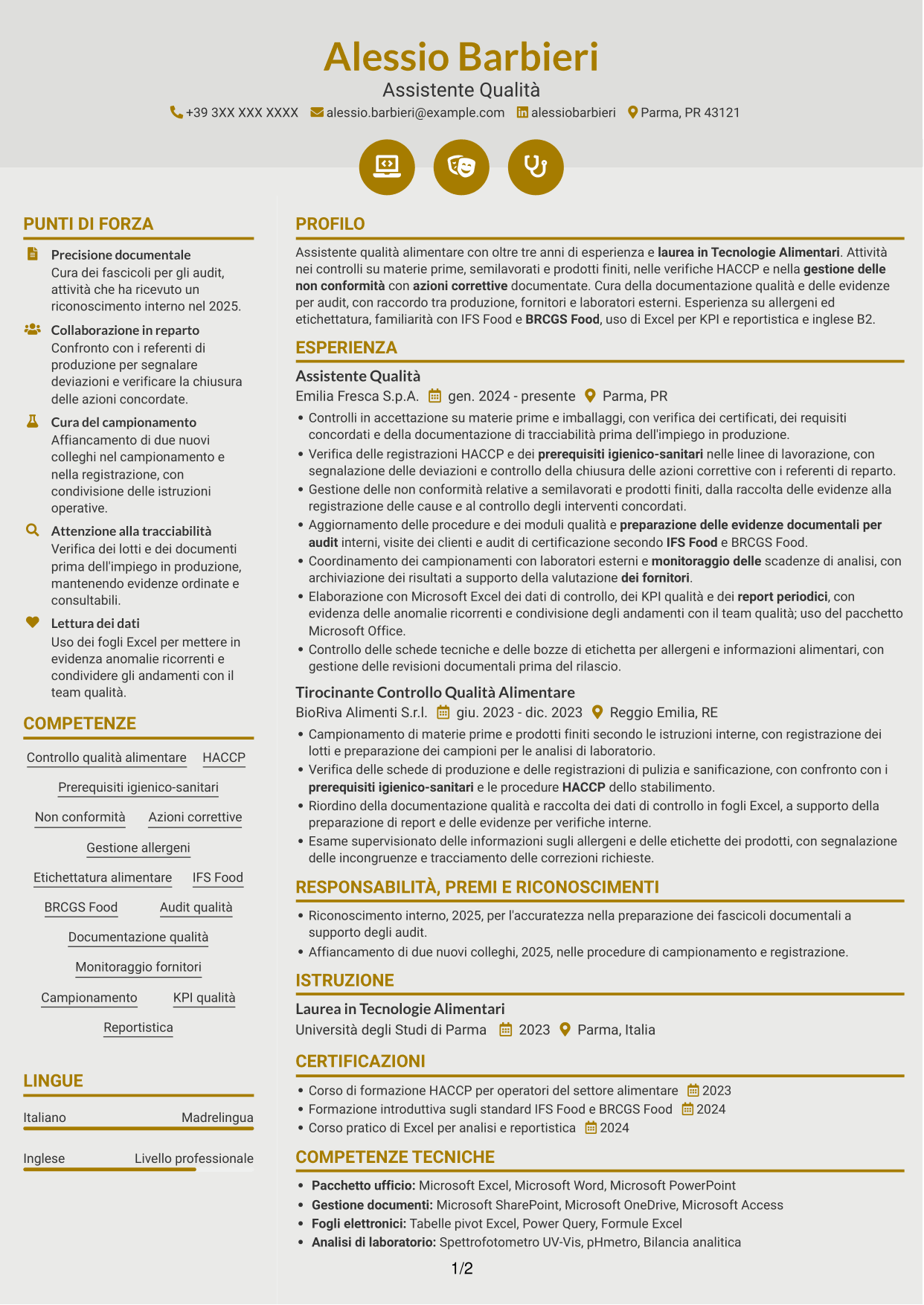 CV Dinamico (formato a due colonne con icone): Assistente Qualità Junior - Sicurezza Alimentare, pagina 1