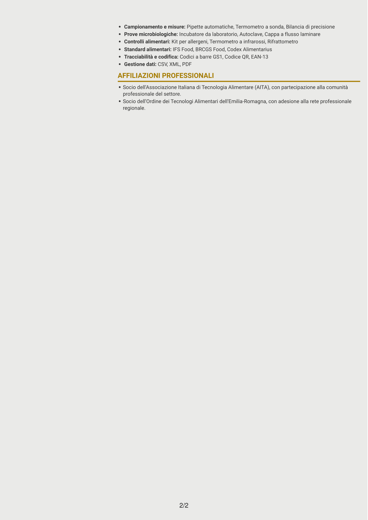 CV Dinamico (formato a due colonne con icone): Assistente Qualità Junior - Sicurezza Alimentare, pagina 2