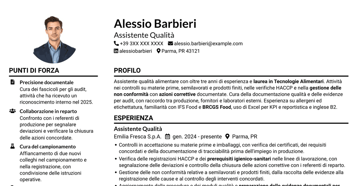 7 modelli di CV per Assistente Qualità Junior - Sicurezza Alimentare, con esempi