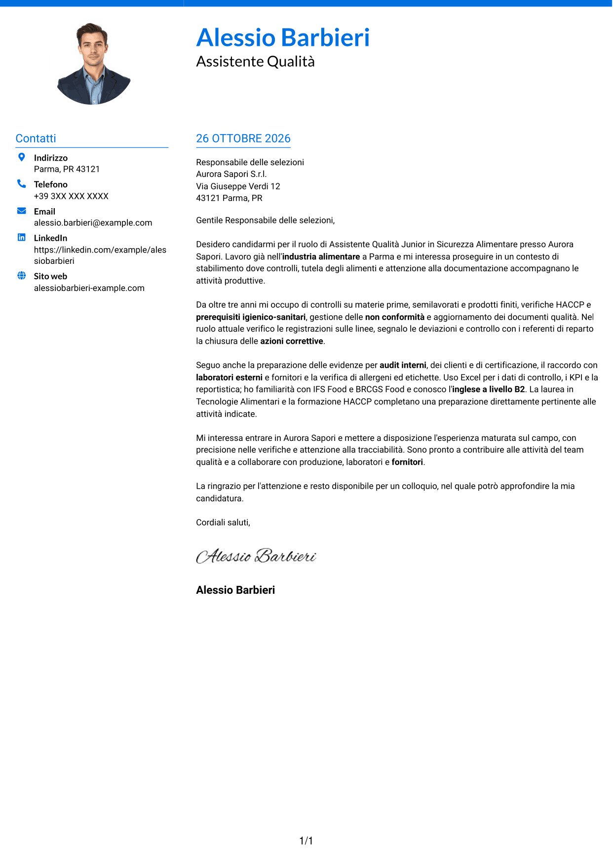 Lettera di presentazione Audace (formato a due colonne con accenti colorati e foto): Assistente Qualità Junior - Sicurezza Alimentare, pagina 1