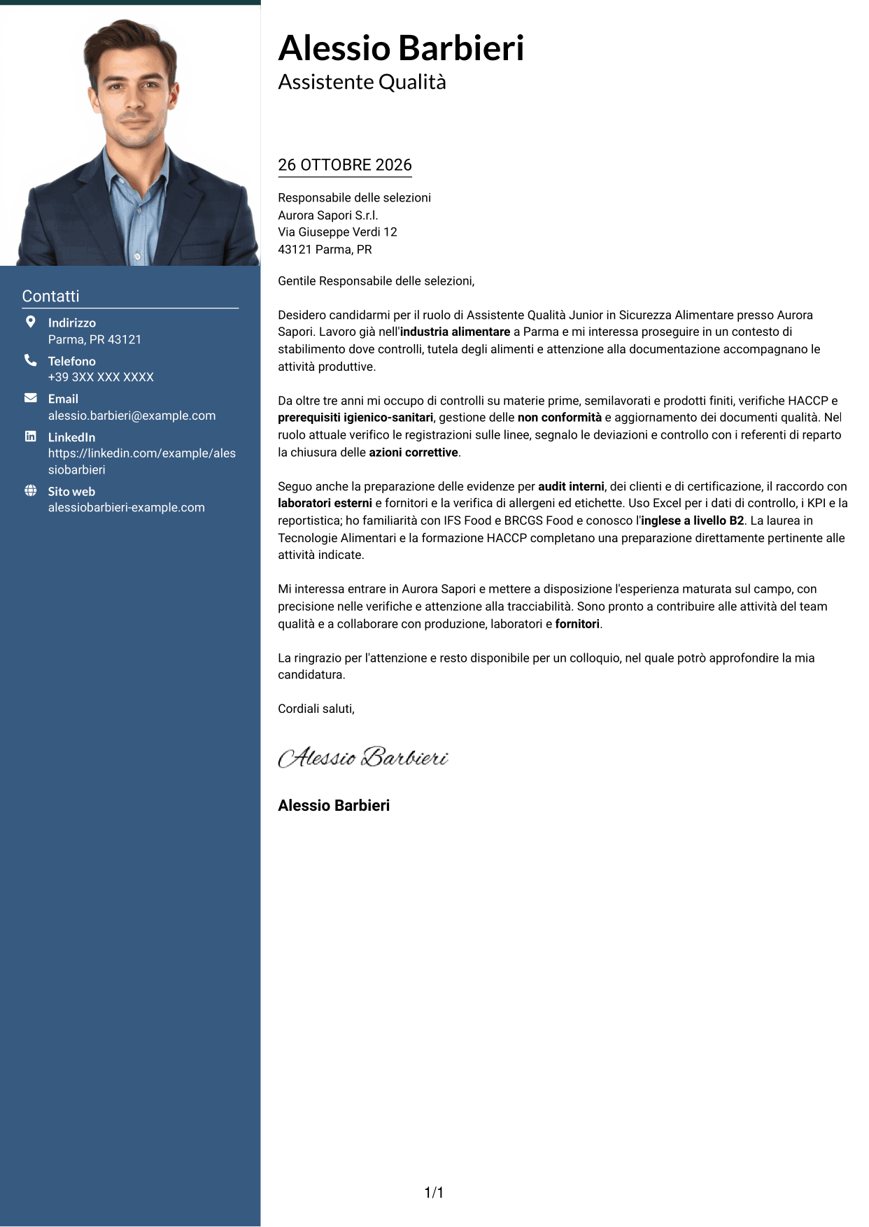 Lettera di presentazione Signature (formato con colonna laterale colorata e foto grande): Assistente Qualità Junior - Sicurezza Alimentare, pagina 1
