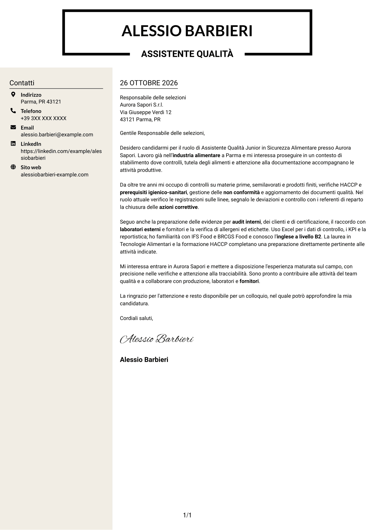 Lettera di presentazione Intraprendente (formato a due colonne con intestazione centrata senza foto): Assistente Qualità Junior - Sicurezza Alimentare, pagina 1