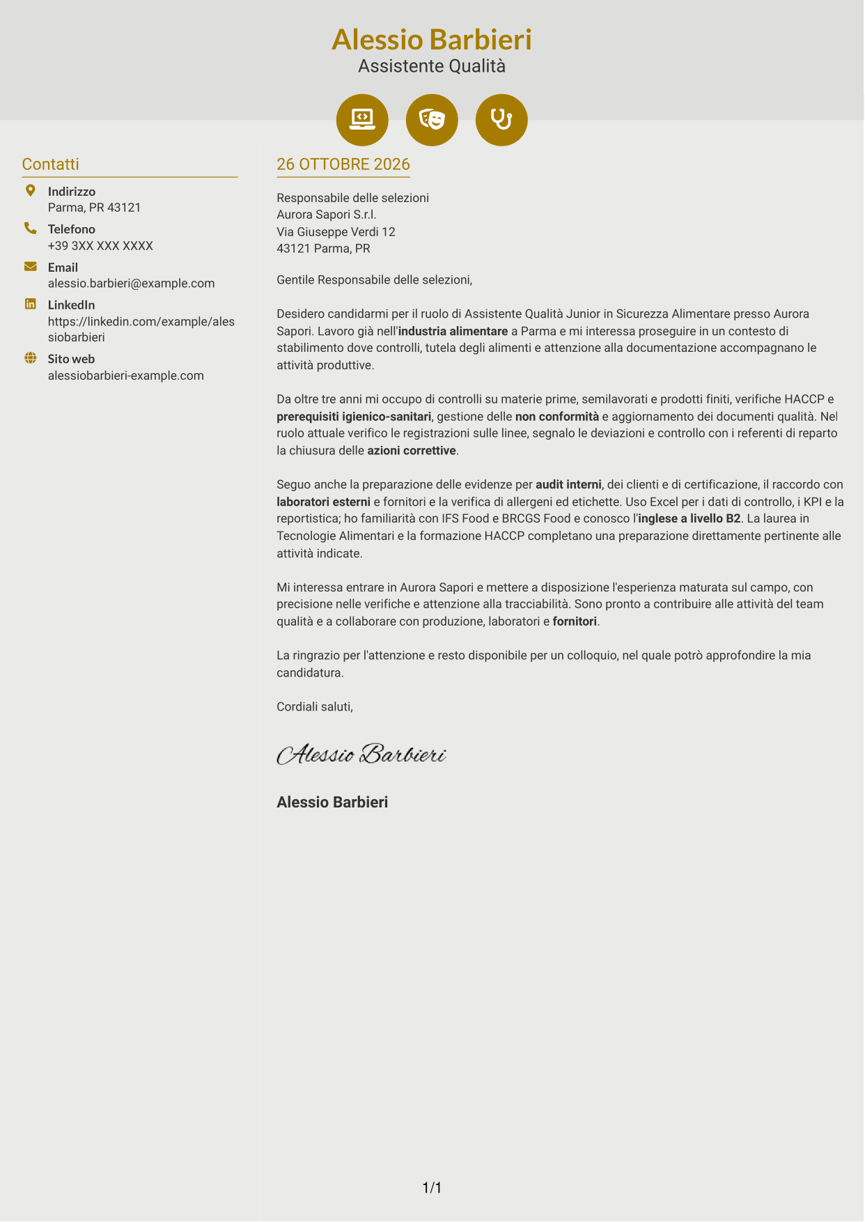Lettera di presentazione Dinamico (formato a due colonne con icone): Assistente Qualità Junior - Sicurezza Alimentare, pagina 1