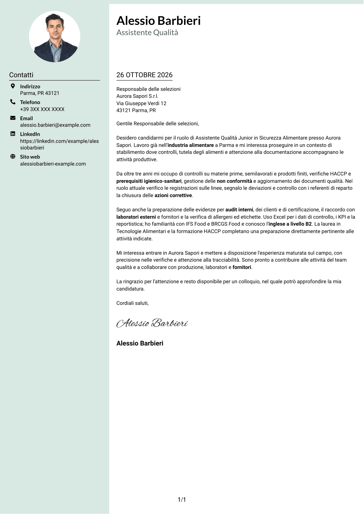 Lettera di presentazione Dirigente (formato con colonna laterale tenue e foto arrotondata): Assistente Qualità Junior - Sicurezza Alimentare, pagina 1
