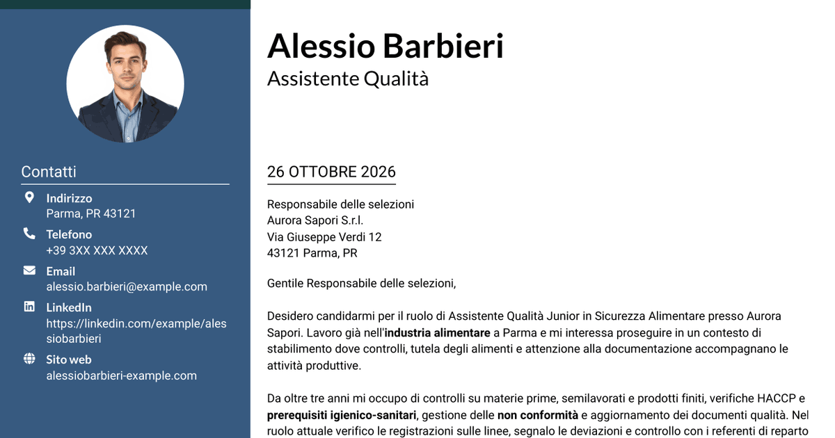 7 modelli di lettera di presentazione per Assistente Qualità Junior - Sicurezza Alimentare, con esempi
