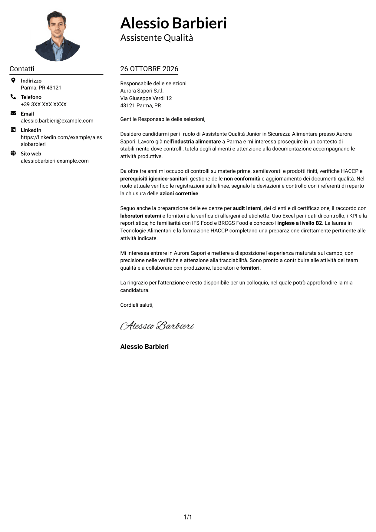 Esempio di lettera di presentazione — pagina 1