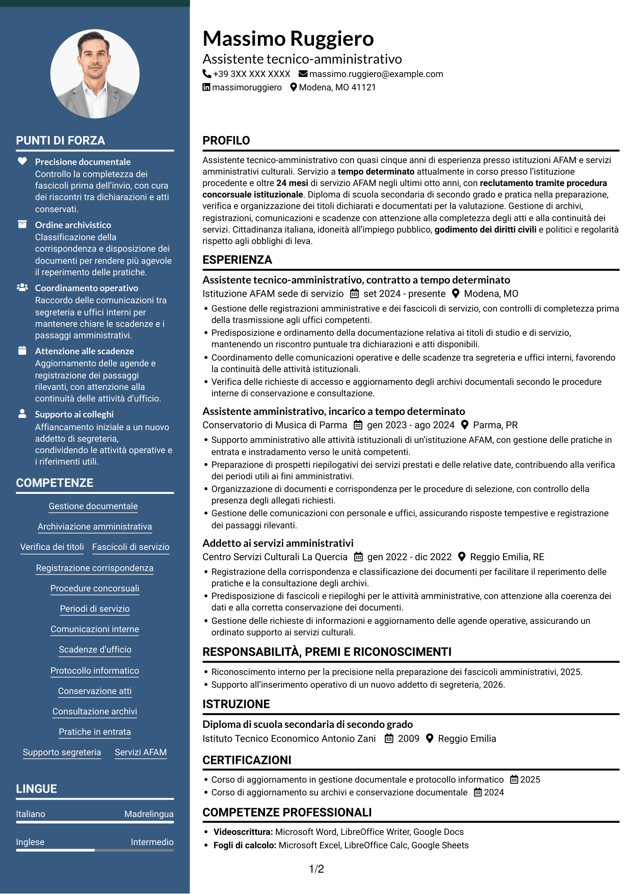 CV Elegante (formato con colonna laterale colorata e foto): Assistente tecnico-amministrativo - Istituzioni AFAM, pagina 1