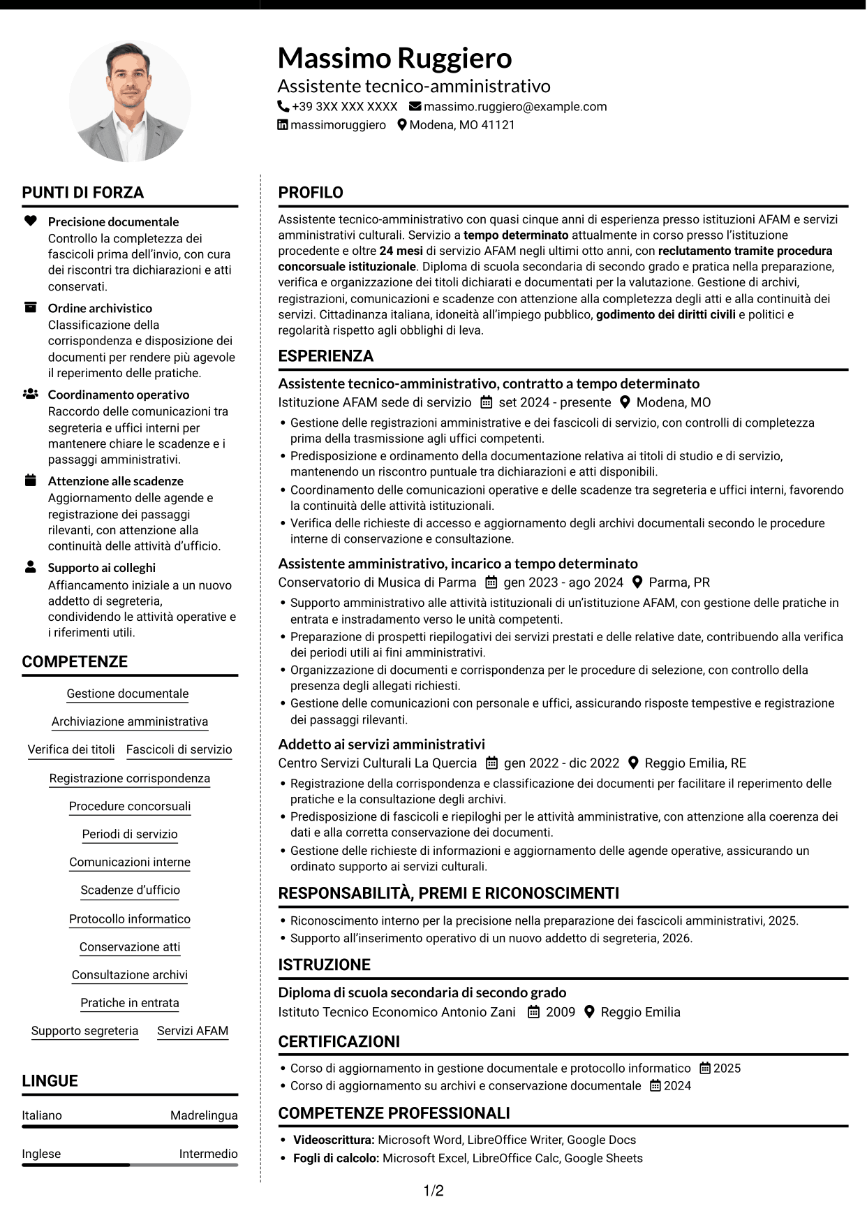 CV Moderno (formato a due colonne con foto a sinistra e separatore): Assistente tecnico-amministrativo - Istituzioni AFAM, pagina 1