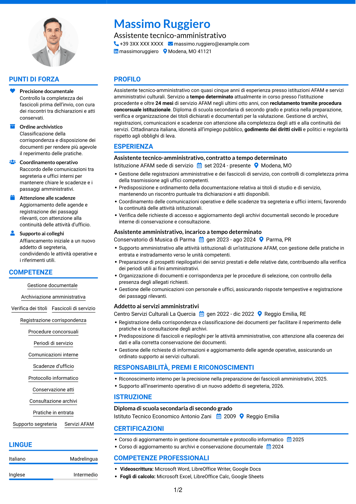 CV Audace (formato a due colonne con accenti colorati e foto): Assistente tecnico-amministrativo - Istituzioni AFAM, pagina 1