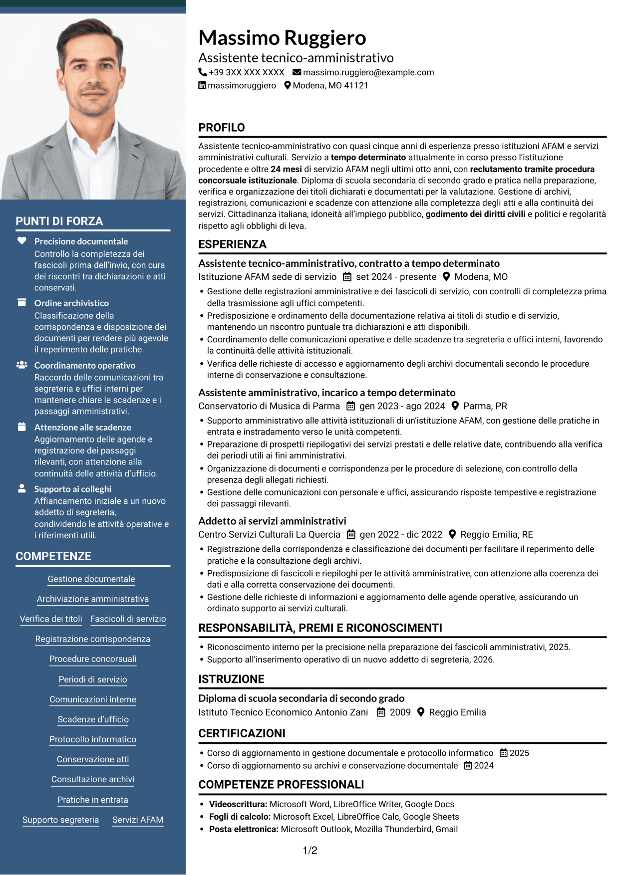 CV Signature (formato con colonna laterale colorata e foto grande): Assistente tecnico-amministrativo - Istituzioni AFAM, pagina 1