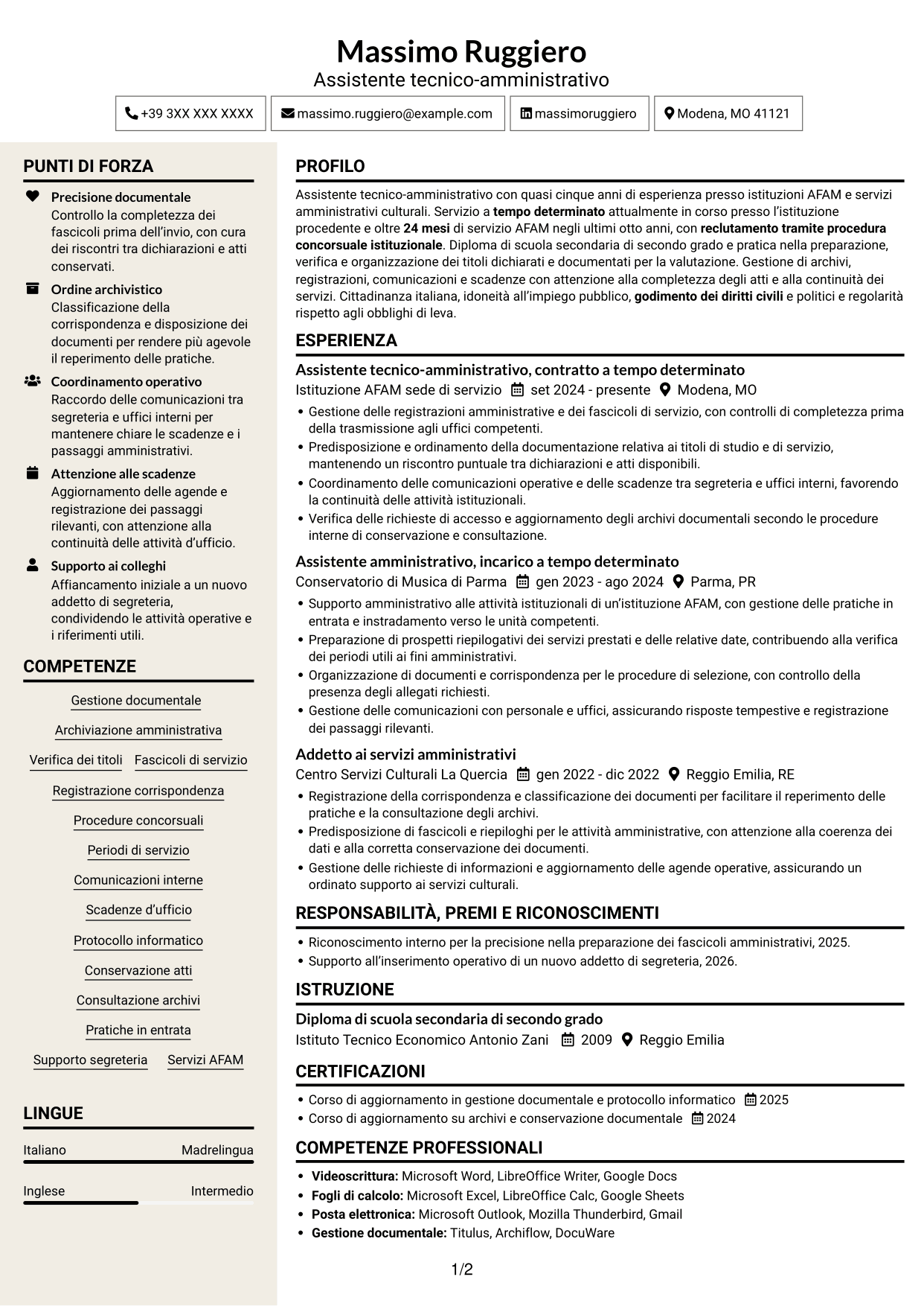 CV Intraprendente (formato a due colonne con intestazione centrata senza foto): Assistente tecnico-amministrativo - Istituzioni AFAM, pagina 1