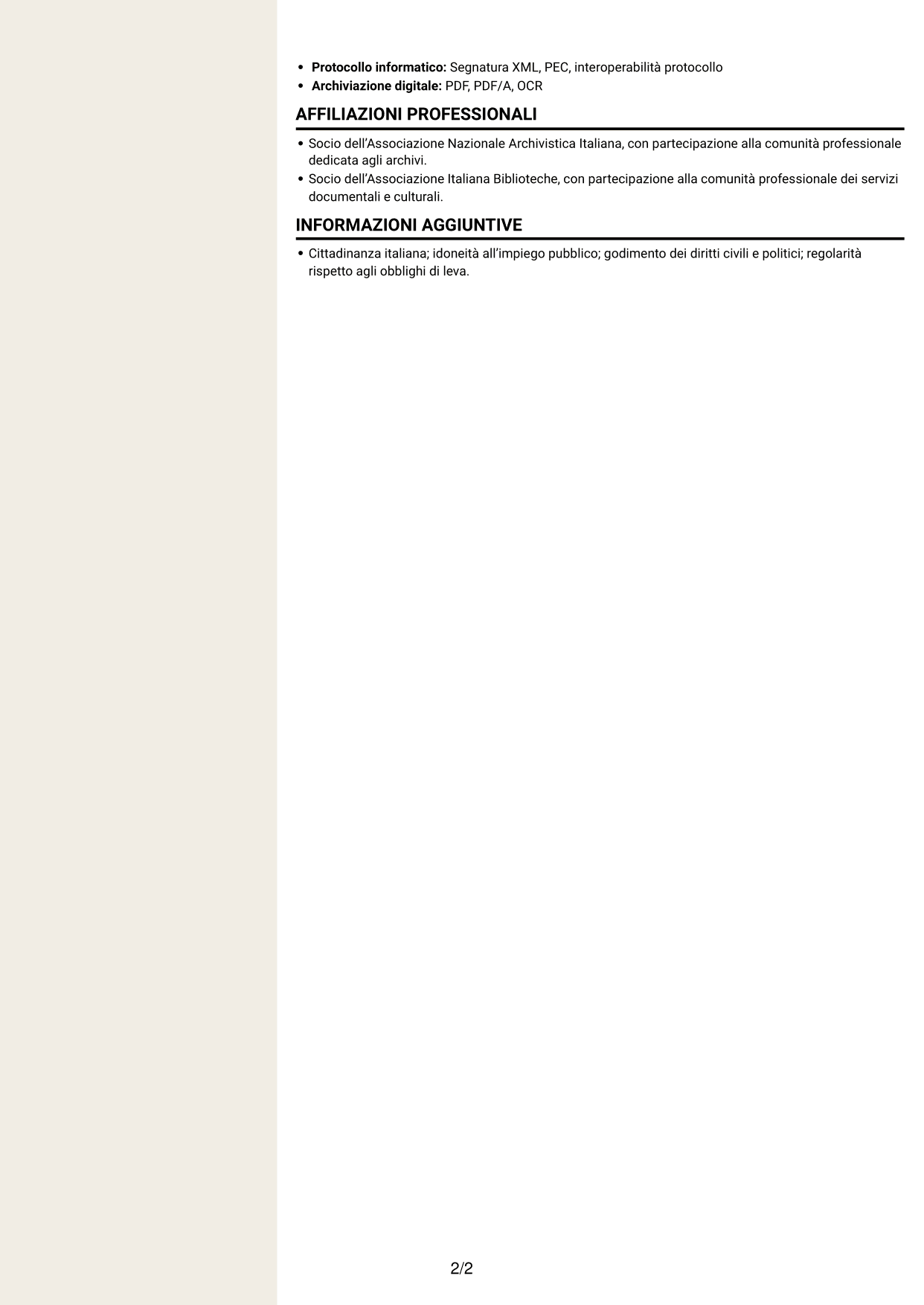 CV Intraprendente (formato a due colonne con intestazione centrata senza foto): Assistente tecnico-amministrativo - Istituzioni AFAM, pagina 2