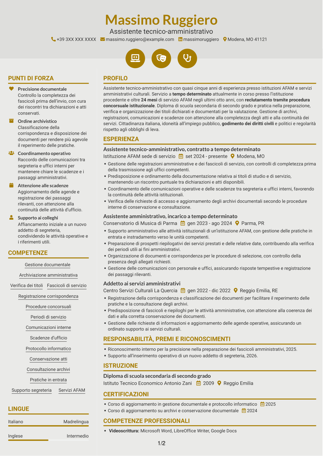 CV Dinamico (formato a due colonne con icone): Assistente tecnico-amministrativo - Istituzioni AFAM, pagina 1