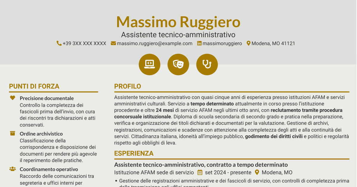 7 modelli di CV per Assistente tecnico-amministrativo - Istituzioni AFAM, con esempi