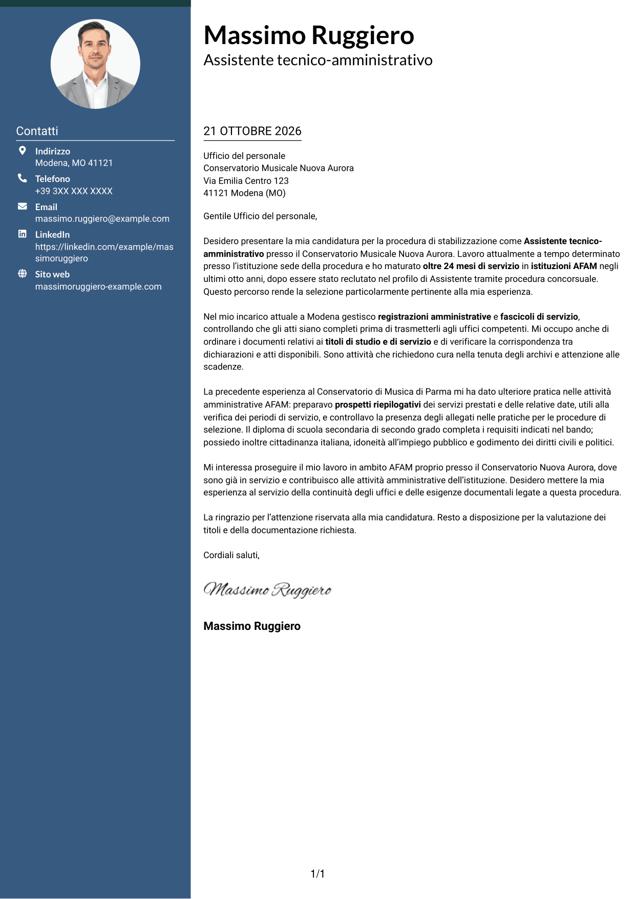 Lettera di presentazione Elegante (formato con colonna laterale colorata e foto): Assistente tecnico-amministrativo - Istituzioni AFAM, pagina 1
