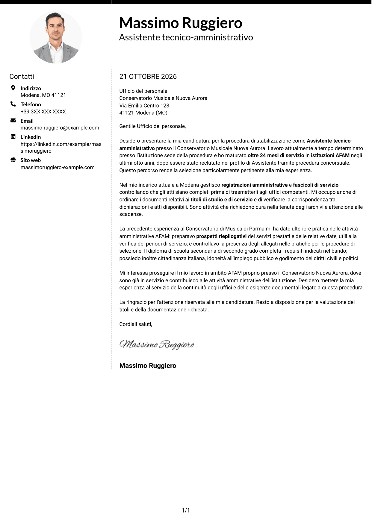 Lettera di presentazione Moderno (formato a due colonne con foto a sinistra e separatore): Assistente tecnico-amministrativo - Istituzioni AFAM, pagina 1