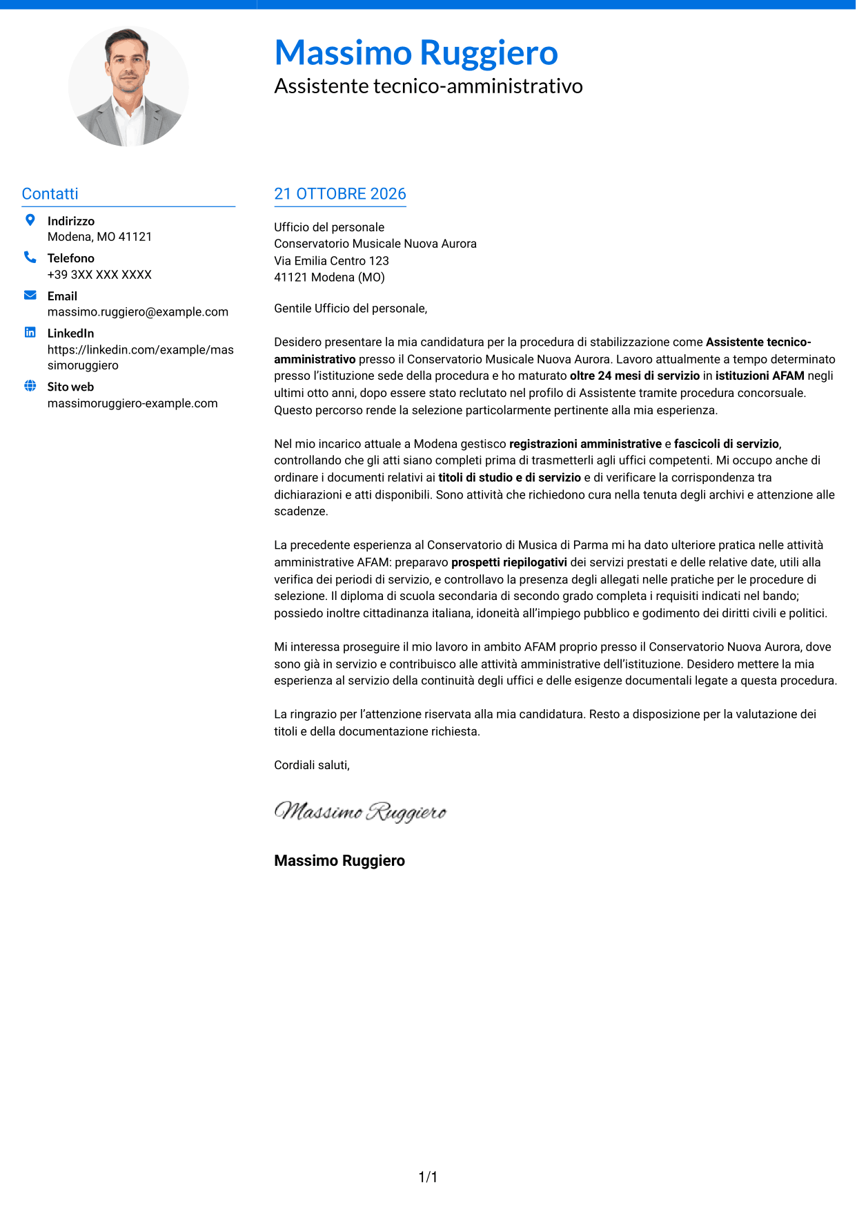 Lettera di presentazione Audace (formato a due colonne con accenti colorati e foto): Assistente tecnico-amministrativo - Istituzioni AFAM, pagina 1