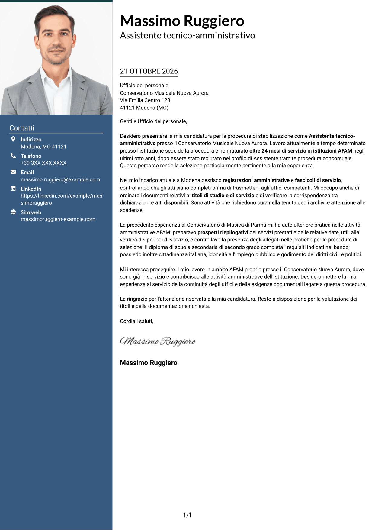 Lettera di presentazione Signature (formato con colonna laterale colorata e foto grande): Assistente tecnico-amministrativo - Istituzioni AFAM, pagina 1