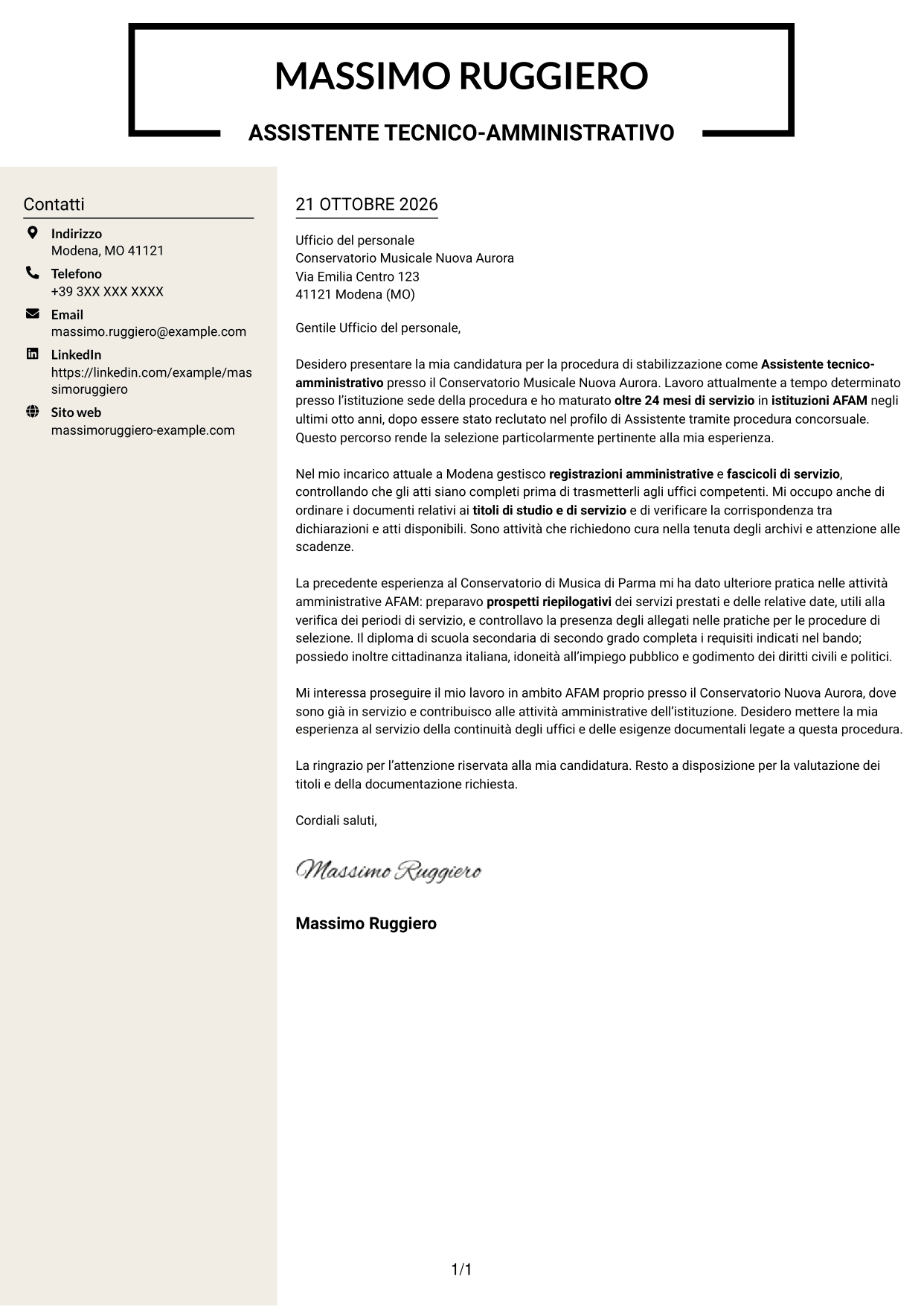 Lettera di presentazione Intraprendente (formato a due colonne con intestazione centrata senza foto): Assistente tecnico-amministrativo - Istituzioni AFAM, pagina 1