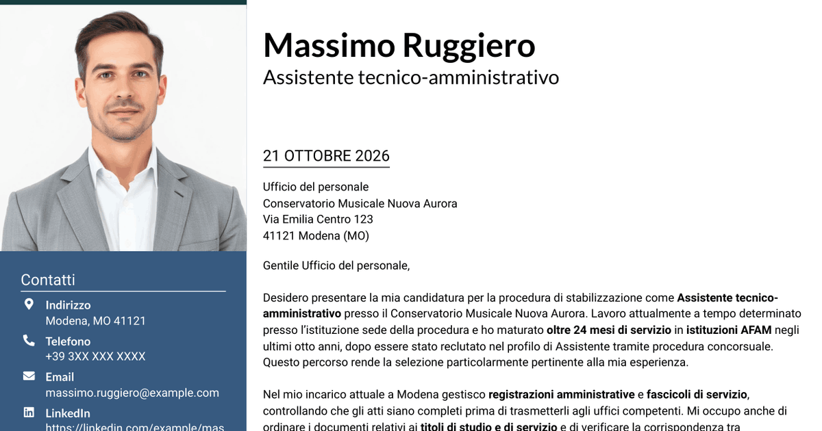7 modelli di lettera di presentazione per Assistente tecnico-amministrativo - Istituzioni AFAM, con esempi
