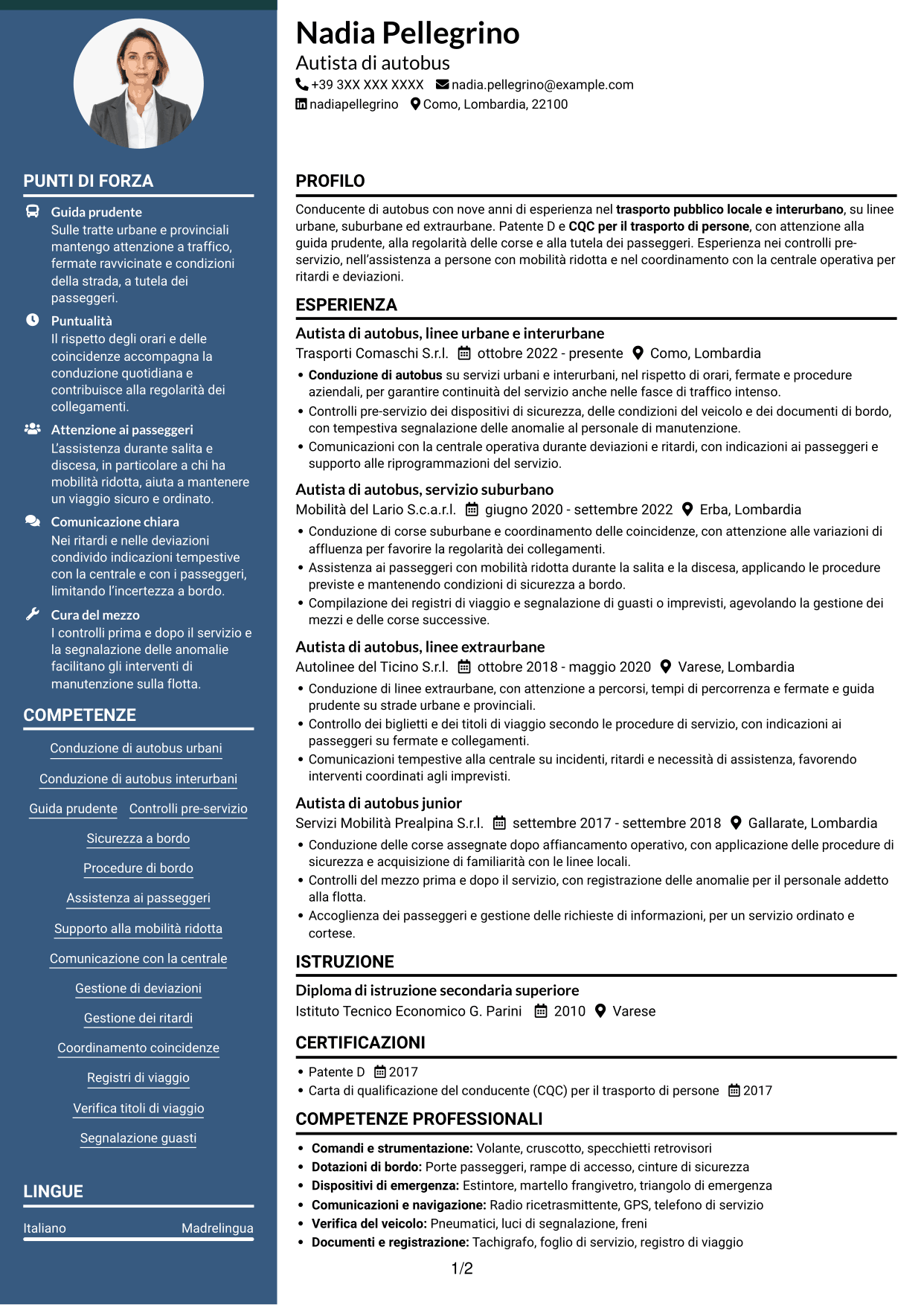 CV Elegante (formato con colonna laterale colorata e foto): Autista di autobus - Trasporto pubblico, pagina 1